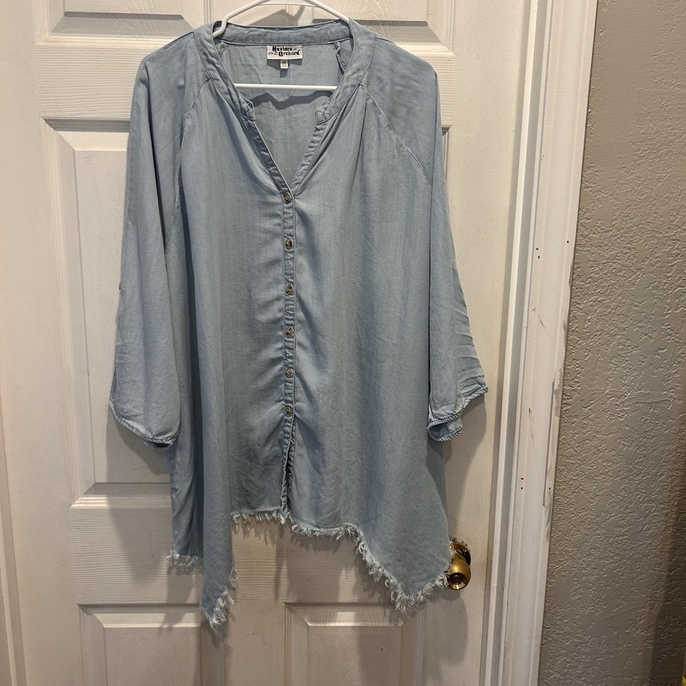 Hester &‎ Orchard Womens 2X Light Blue Tencel Button Up Frayed Hem Tunic Blouse